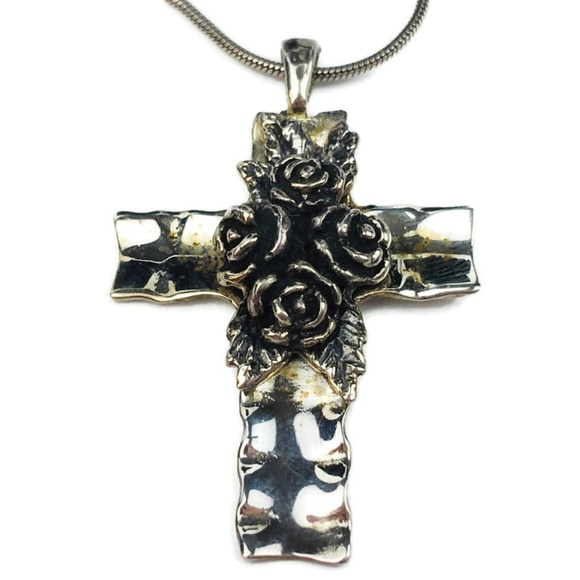 Israel Sterling Cross Ornate Sculpted Roses 18" - Picture 1 of 8